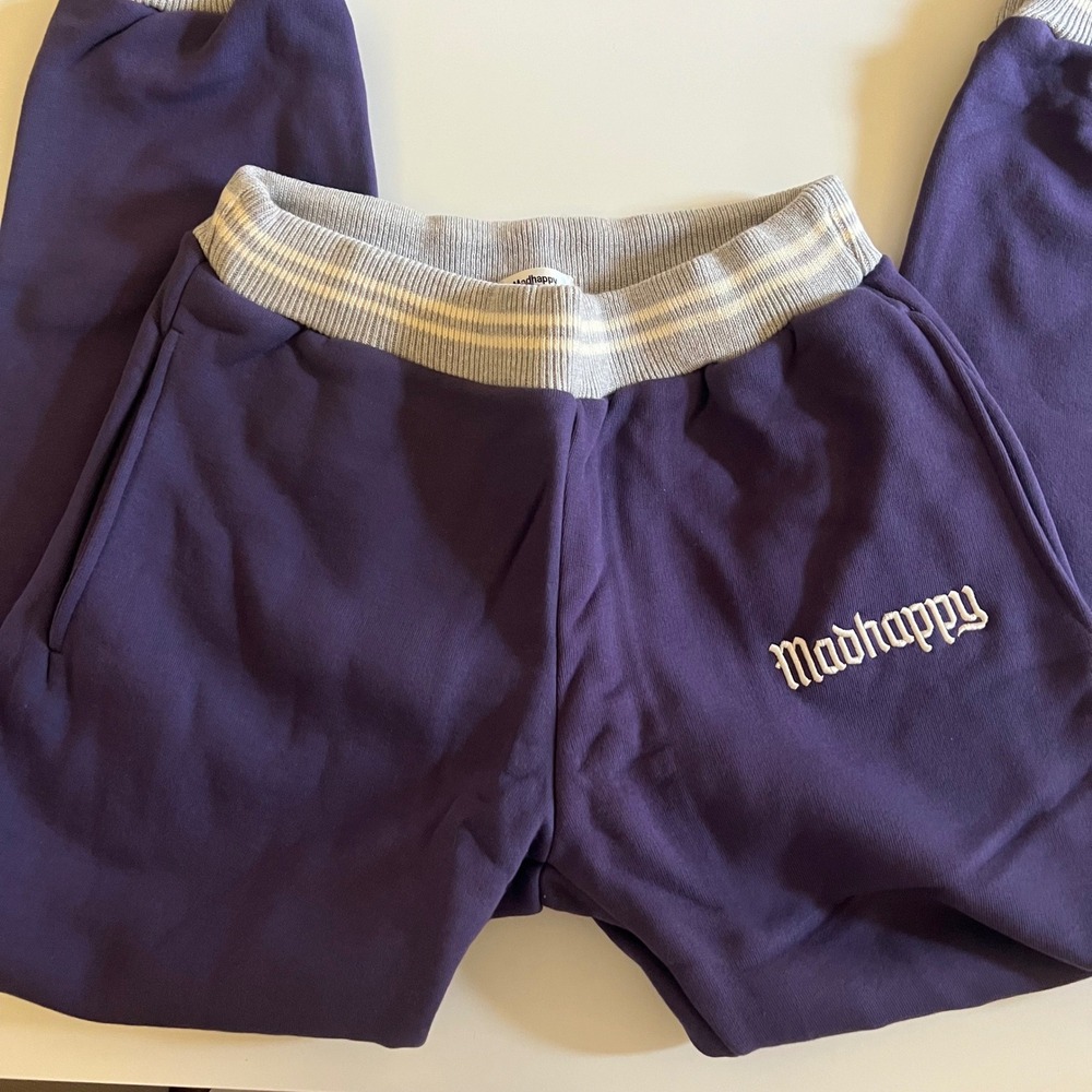 Madhappy Purple Fleece Sweatpants Striped Waistband Gothic Logo Joggers NEW